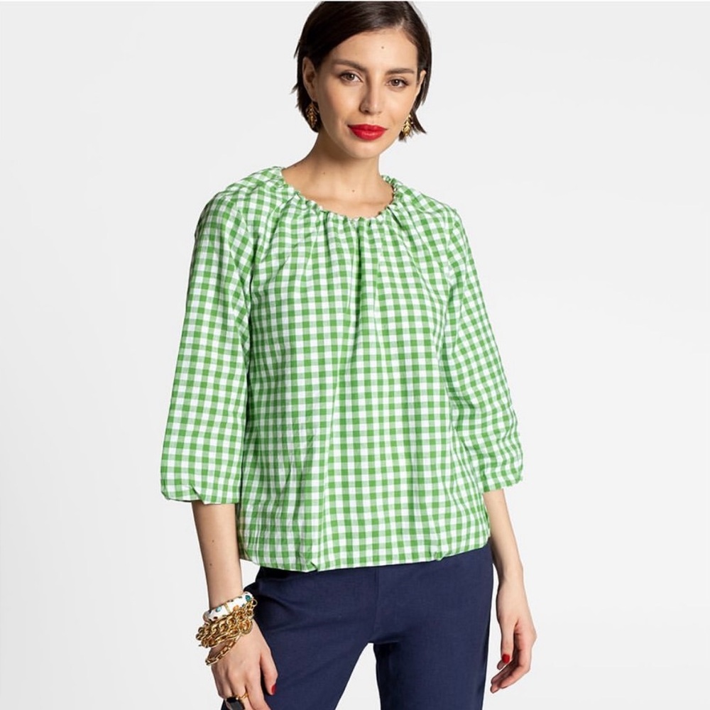 Frances Valentine Gingham Emily Ruched Top Green 1X NWT